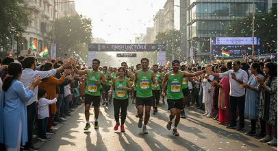 Runners crossing the finish line at the Tata Mumbai Marathon
